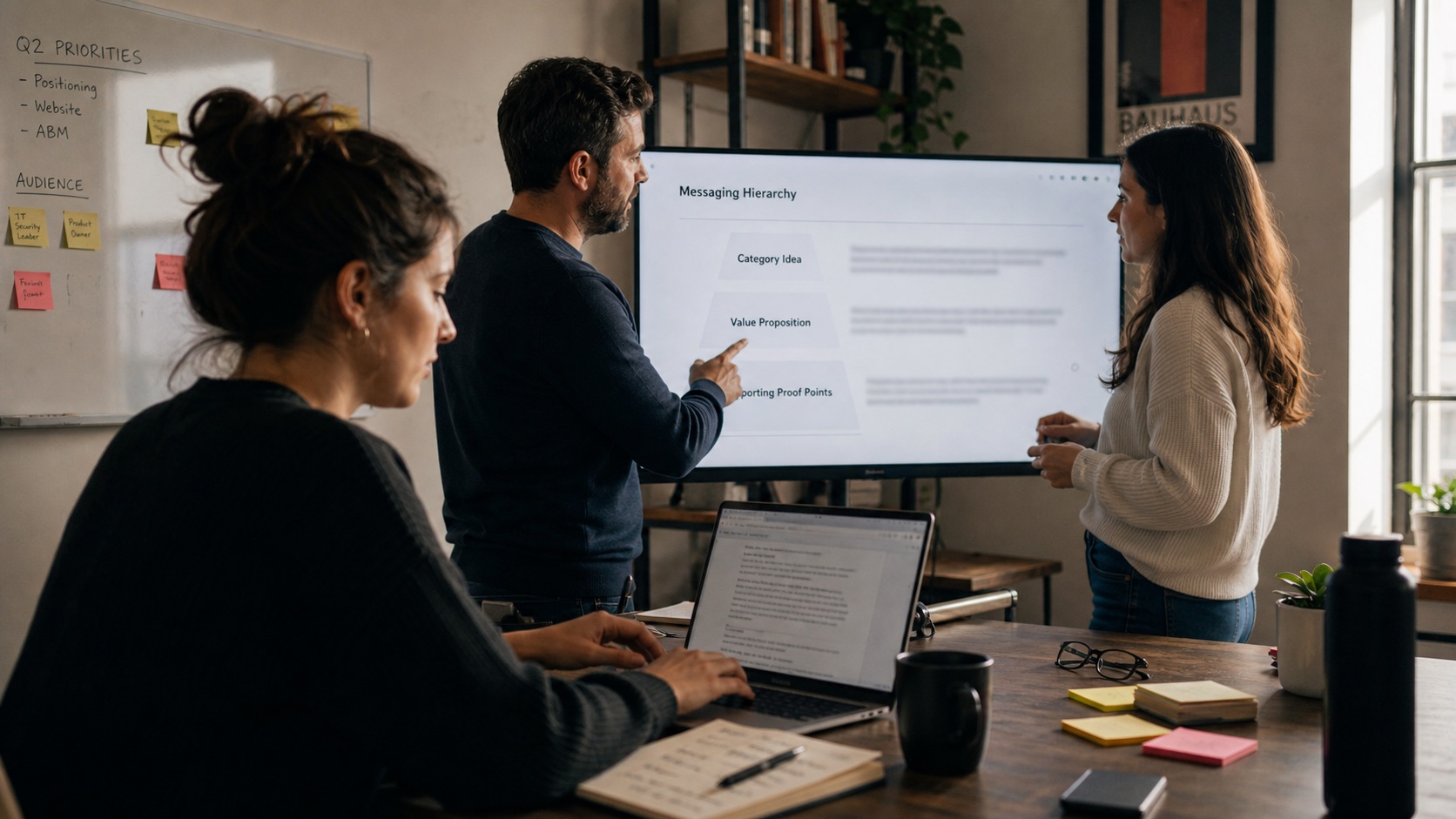 Vuni team reviewing a messaging hierarchy on a screen